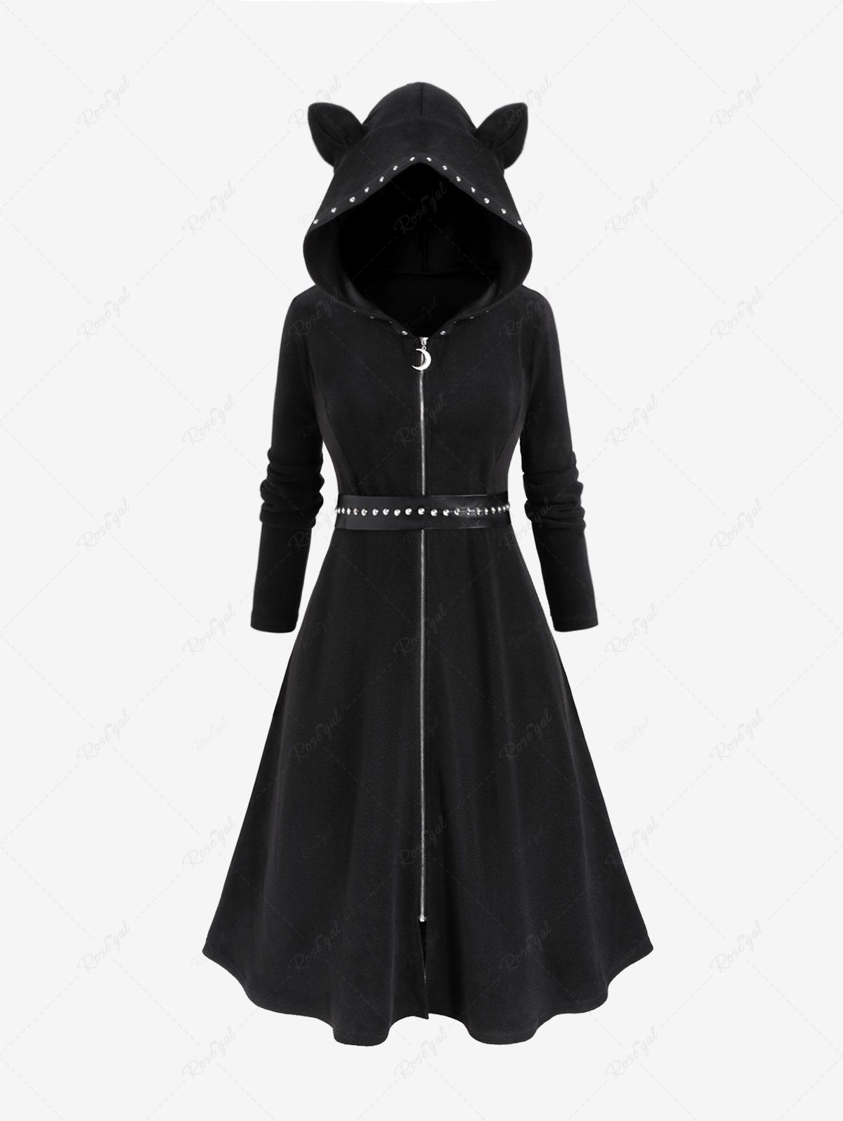 Chic Plus Size Moon Zipper PU Panel Rivet Ruched Sherpa Cat Ear Hooded A Line Dress  