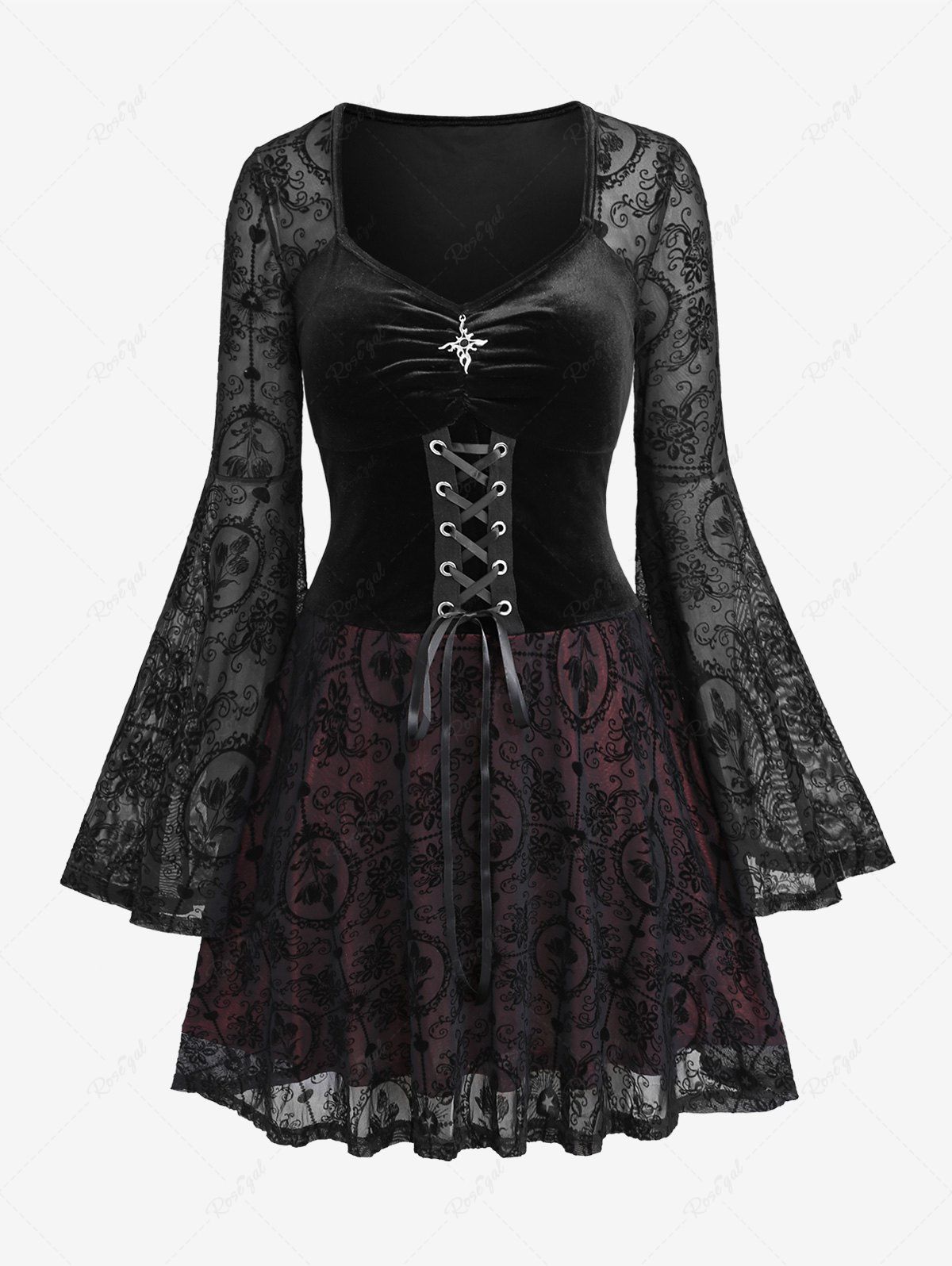 Store Halloween Plus Size Floral Lace Panel Layered Ruched Velvet Lace-up Bell Sleeves A Line Dress  