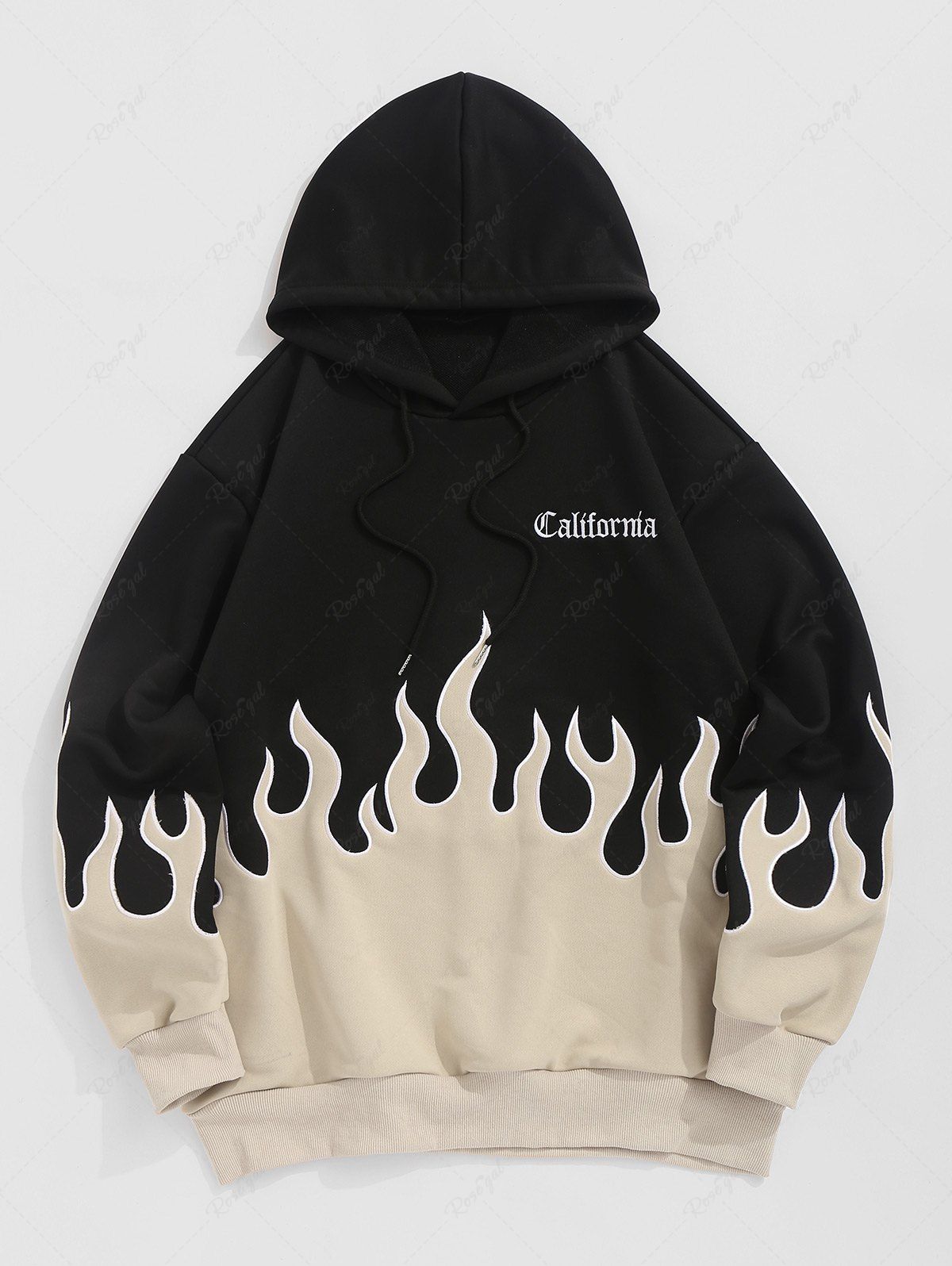 Fancy Men's Casual Colorblock Two Tone Flame Fire Letter California Embroidered Drawstring Pullover Hoodie  