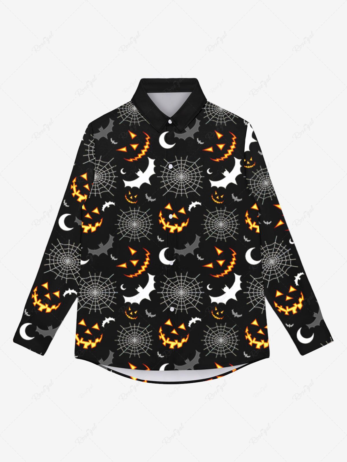 Chemise D'Halloween Gothique Toile D'Araignée Chauve-souris Citrouille Imprimés avec Boutons Noir 3XL