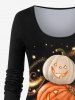 Plus Size Halloween Pumpkin Star Colorblock Glitter Print T-shirt -  