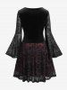 Halloween Plus Size Floral Lace Panel Layered Ruched Velvet Lace-up Bell Sleeves A Line Dress -  