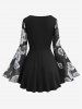 Plus Size Valentine's Day Heart Buckle Panel Twisted Flower Print Mesh Bell Sleeves T-shirt -  
