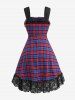 Plus Size Floral Lace Trim Grommets Lace-up Plaid Tank Dress -  