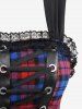 Plus Size Floral Lace Trim Grommets Lace-up Plaid Tank Dress -  