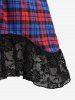Plus Size Floral Lace Trim Grommets Lace-up Plaid Tank Dress -  