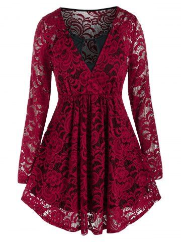 Plus Size Floral Lace Surplice Blouse and Keyhole Solid Cami Top Shirt Set - RED - L | US 12