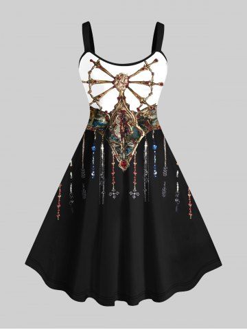 Plus Size 3D Compass Gemstone Chains Tassel Print Tank Dress - BLACK - S