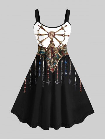 Plus Size 3D Compass Gemstone Chains Tassel Print Tank Dress - BLACK - M