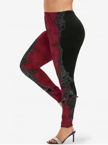 Plus Size 3D Gemstone Lace Trim Print Skinny Leggings - DEEP RED - XS