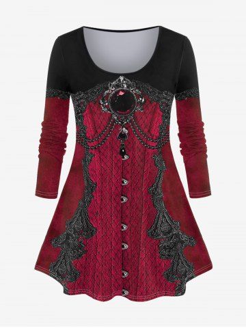 Plus Size 3D Gemstone Lace Trim Plaid Hook and Eye Print T-shirt - DEEP RED - S