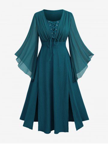 Plus Size Ruched Lace Up Mesh Bell Sleeves Textured Split Dress - GREEN - 5X | US 30-32