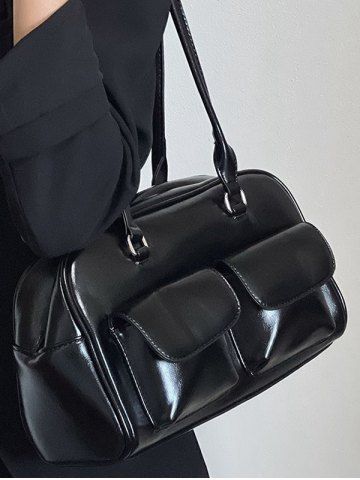 Women's Retro Style Daily Office Solid Color Multi-pocket Bowling Underarm Shoulder Bag - BLACK