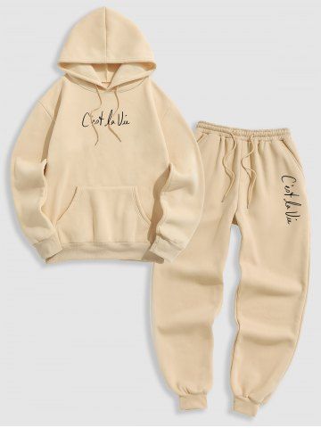 Men's Matching Athleisure Style Sweatsuit Co Ord Letter Printed Drawstring Thermal Fleece Lined Pullover Hoodie and Jogger Pants Two Piece Set - LIGHT COFFEE - XL