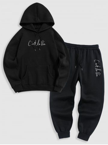 Men's Matching Athleisure Style Sweatsuit Co Ord Letter Printed Drawstring Thermal Fleece Lined Pullover Hoodie and Jogger Pants Two Piece Set