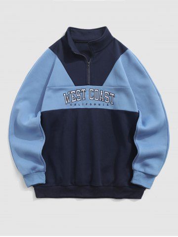 CALIFORNIA Embroidery Two Tone Colorblock Raglan Sleeves Fleece Lined Thermal Quarter Zip Sweatshirt - BLUE - S
