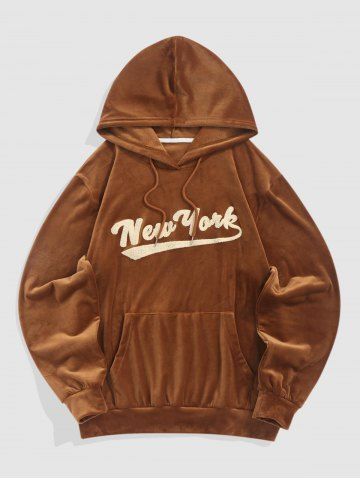 Men's New York Terry Embroidered Fuzzy Fleece Kangaroo Pocket Pullover Hoodie