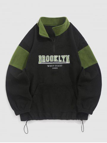 Quarter Zip Colorblock BROOKLYN WEST COAST Embroidery Polar Fleece Thermal Lined Pullover Sweatshirt - BLACK - M
