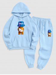 Men's Cartoon Bear SPACE Graphic Pattern Thermal Fleece-lined Kangaroo Pocket Pullover Hoodie and Drawstring Jogger Pants Sports Set -  