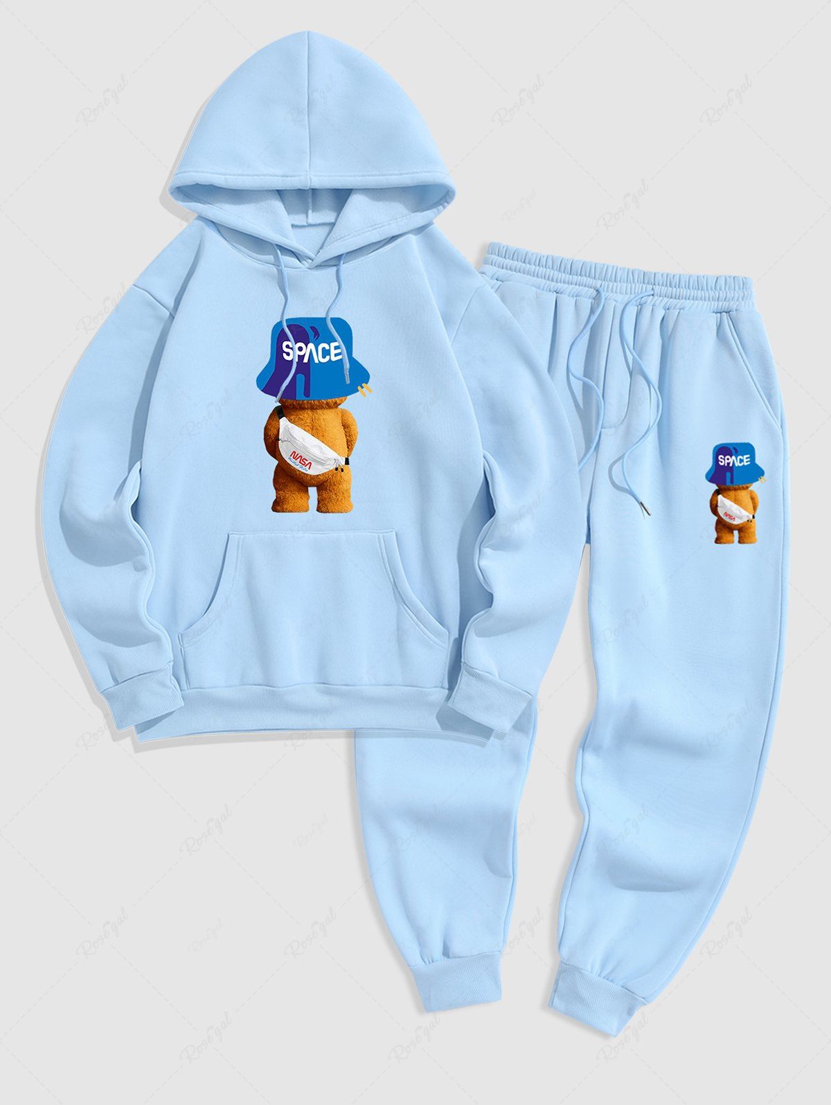 Sale Men's Cartoon Bear SPACE Graphic Pattern Thermal Fleece-lined Kangaroo Pocket Pullover Hoodie and Drawstring Jogger Pants Sports Set  
