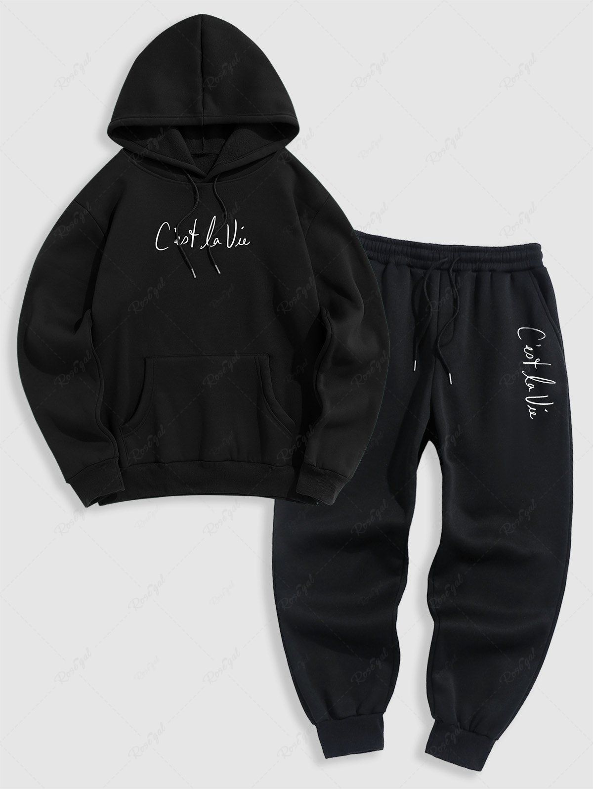 Outfit Men's Matching Athleisure Style Sweatsuit Co Ord Letter Printed Drawstring Thermal Fleece Lined Pullover Hoodie and Jogger Pants Two Piece Set  