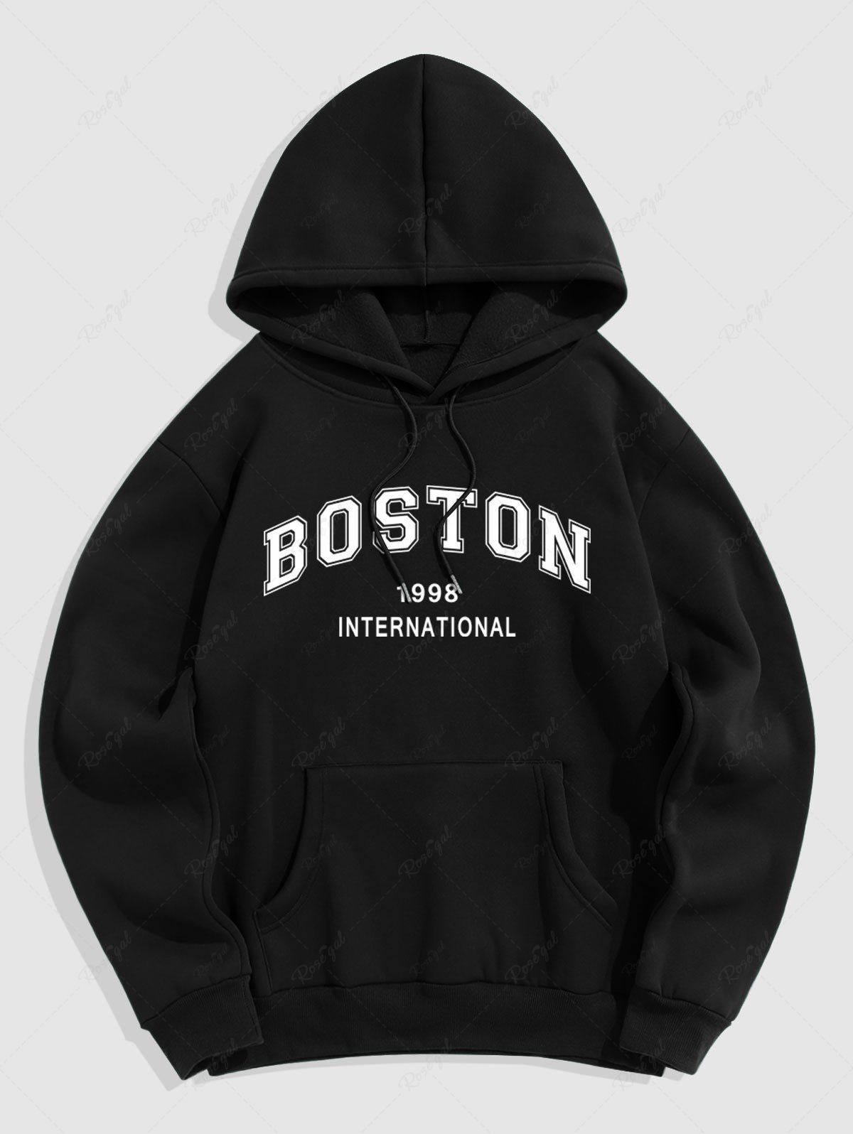 Hot Men's Daily Casual Letter BOSTON Graphic Print Drawstring Front Kangaroo Pocket Thermal Fleece Lined Pullover Hoodie  