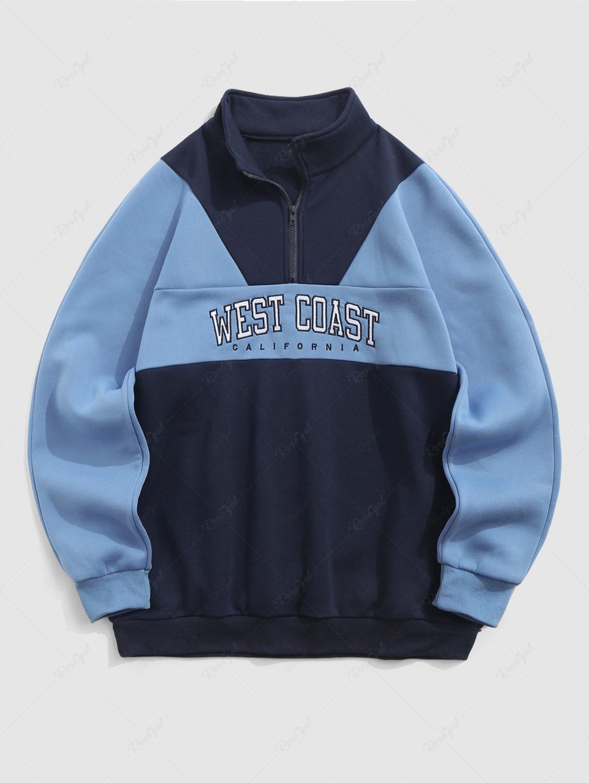 Fancy CALIFORNIA Embroidery Two Tone Colorblock Raglan Sleeves Fleece Lined Thermal Quarter Zip Sweatshirt  