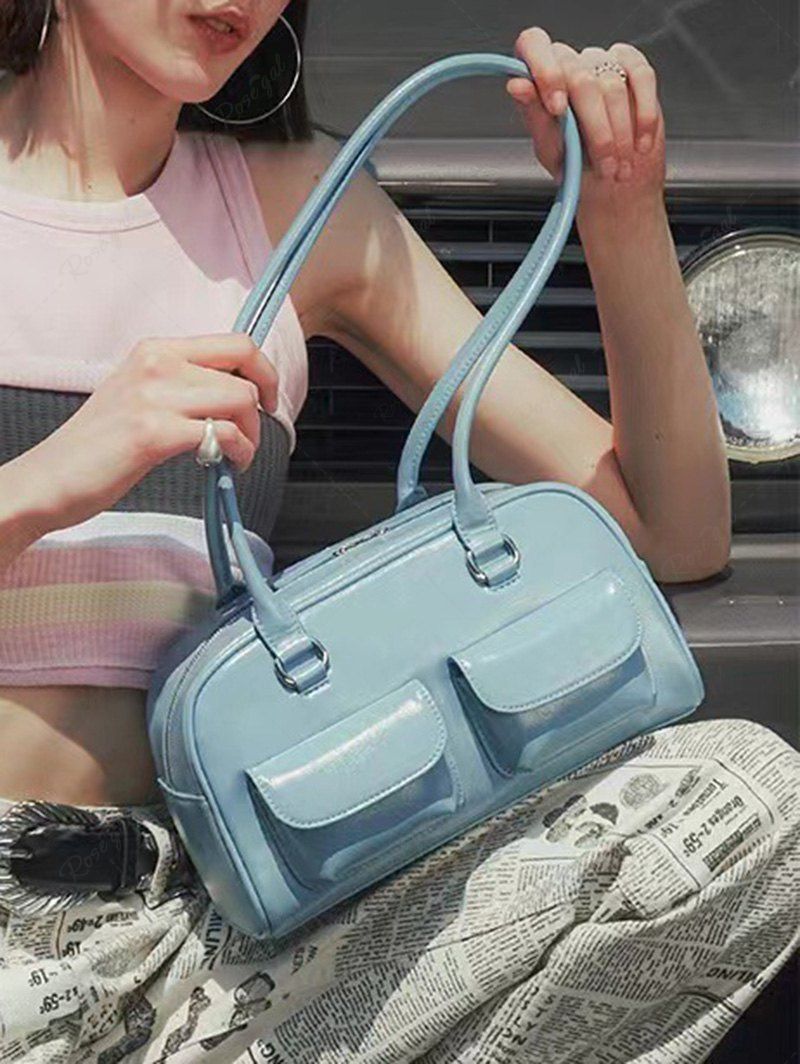 Chic Women's Retro Style Daily Office Solid Color Multi-pocket Bowling Underarm Shoulder Bag  