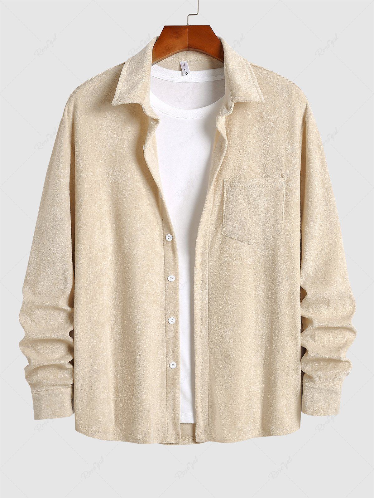 Shops Men's Solid Color Fuzzy Terry Cloth Front Pocket Long Sleeves Shirt  