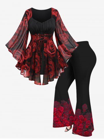 Plus Size Lace Up Floral Chiffon and Flare Pants Outfit - DEEP RED