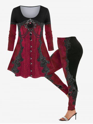 3D Gemstone Lace Trim Plaid Hook and Eye Printed T-shirt and Skinny Leggings Plus Size Matching Set - DEEP RED