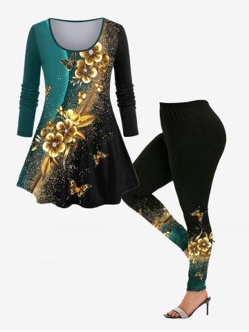Colorblock Flower Butterfly Sparkling Sequin Printed T-shirt and Leggings Plus Size Matching Set