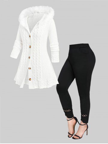 Hooded Fuzzy Trim Cable Knit Cardigan and Hollow Out Lace Trim Pockets Leggings Plus Size Outfit - WHITE