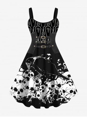 Plus Size 3D PU Panel Buckle Eagle Skulls Cross Print Halloween Tank Dress - BLACK - XS