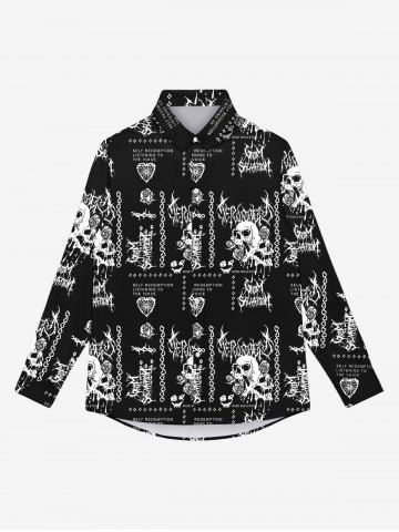 Gothic Heart Skulls Flowers Print Halloween Buttons Shirt For Men - BLACK - XL