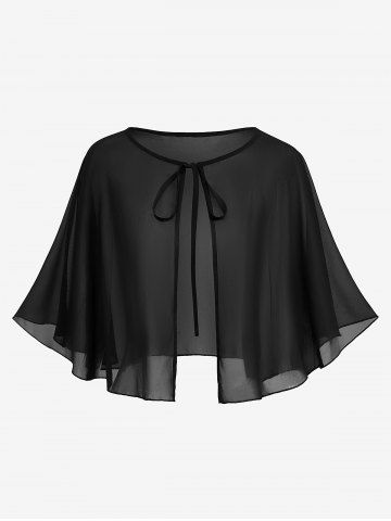 Plus Size Tied Sheer Mesh Cape Shawl Matching For Dress - BLACK - M | US 10