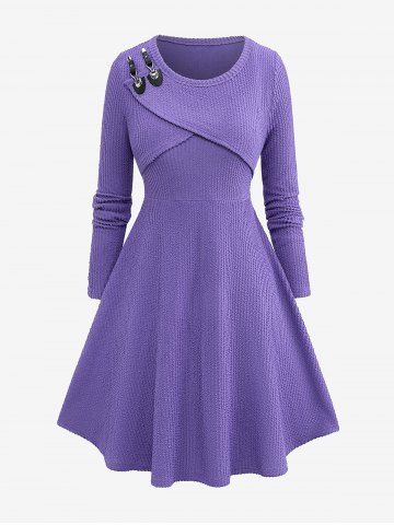 Plus Size Surplice Buckles Crop Top and Textured Knitted Solid Jacquard A Line Tank Dress Set - PURPLE - 1X | US 14-16