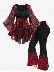 Plus Size Lace Up Floral Chiffon and Flare Pants Outfit -  