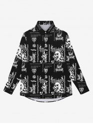 Chemise D'Halloween Gothique Fleur Cœur Crâne Imprimés avec Boutons - Noir 3XL
