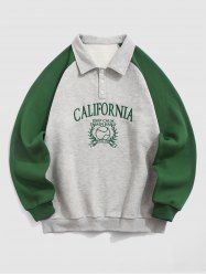 Polo Collar CALIFORNIA Letter Baseball Graphic Embroidery Raglan Sleeves Colorblock Two Tone Fleece Lined Sweatshirt -  