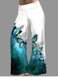 Pantalon à Imprimé Papillon en Blocs de Couleurs Taille Moyenne à Jambe Large - Vert clair XL