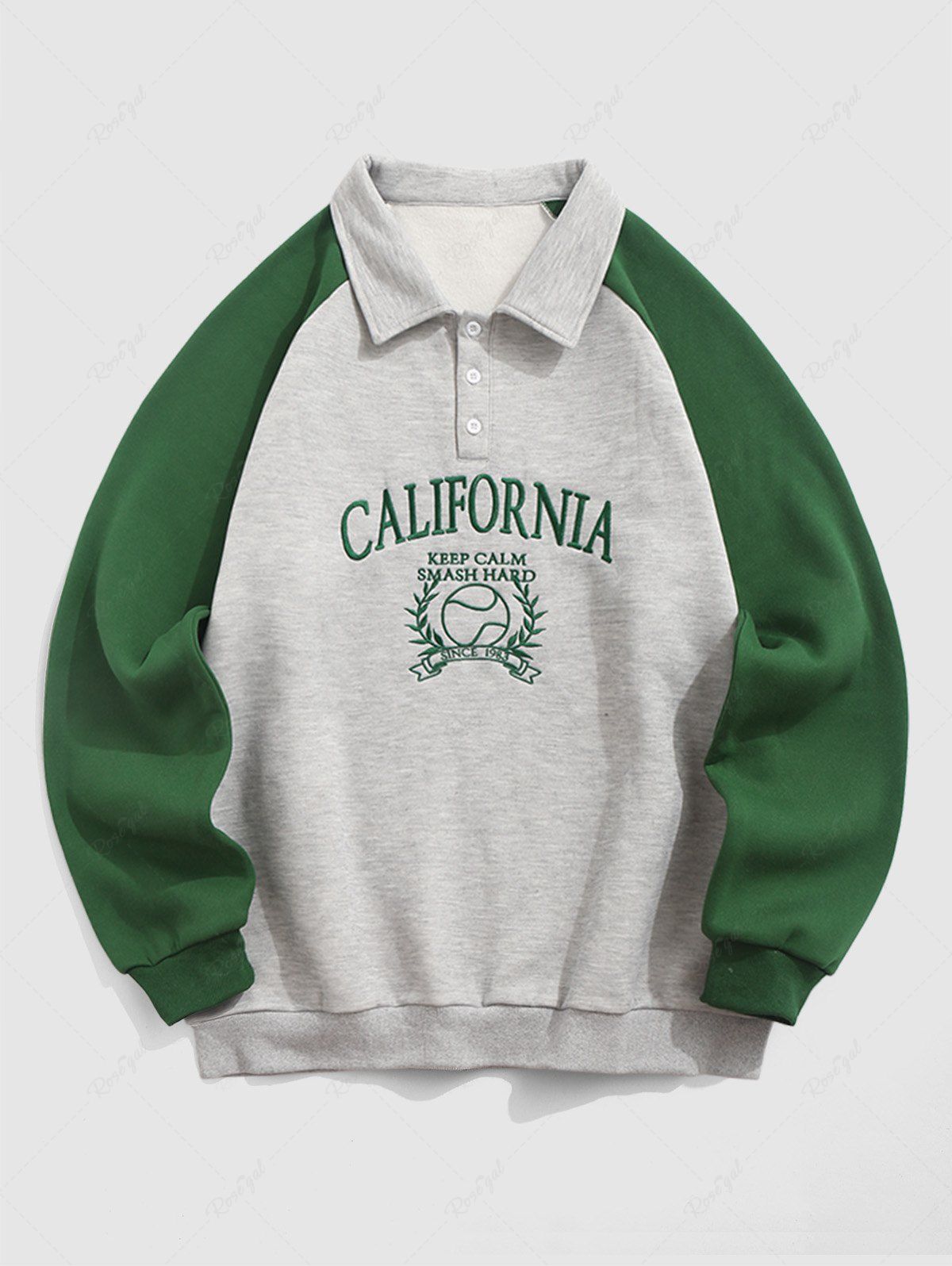 Shop Polo Collar CALIFORNIA Letter Baseball Graphic Embroidery Raglan Sleeves Colorblock Two Tone Fleece Lined Sweatshirt  