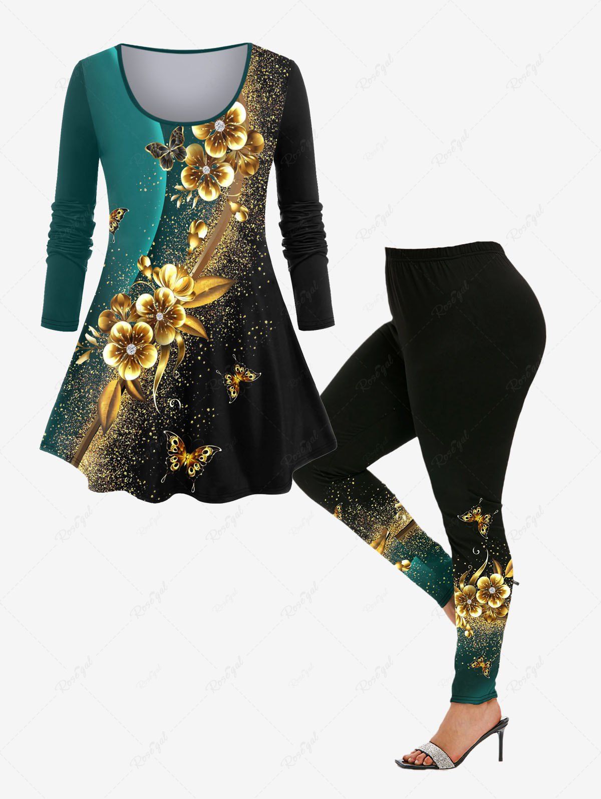 Unique Colorblock Flower Butterfly Sparkling Sequin Printed T-shirt and Leggings Plus Size Matching Set  