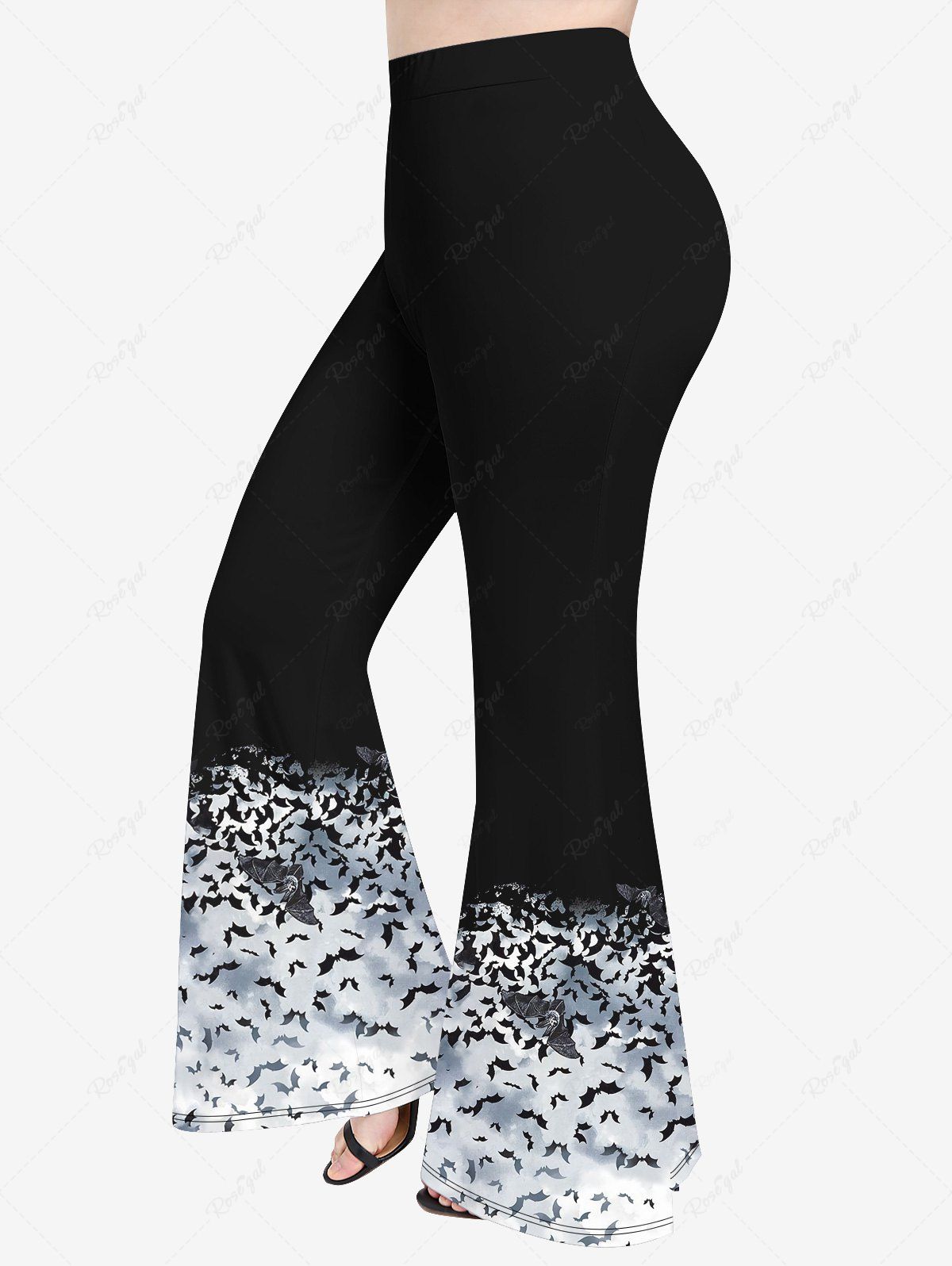 Trendy Plus Size Halloween Colorblock Bat Print Flare Pants  