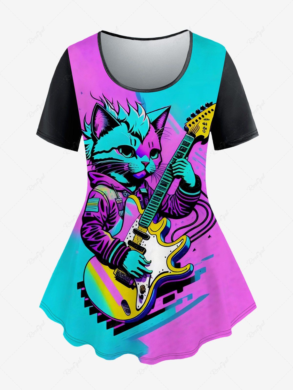 New Plus Size Cat Guitar Colorblock Print Short Sleeves T-shirt  