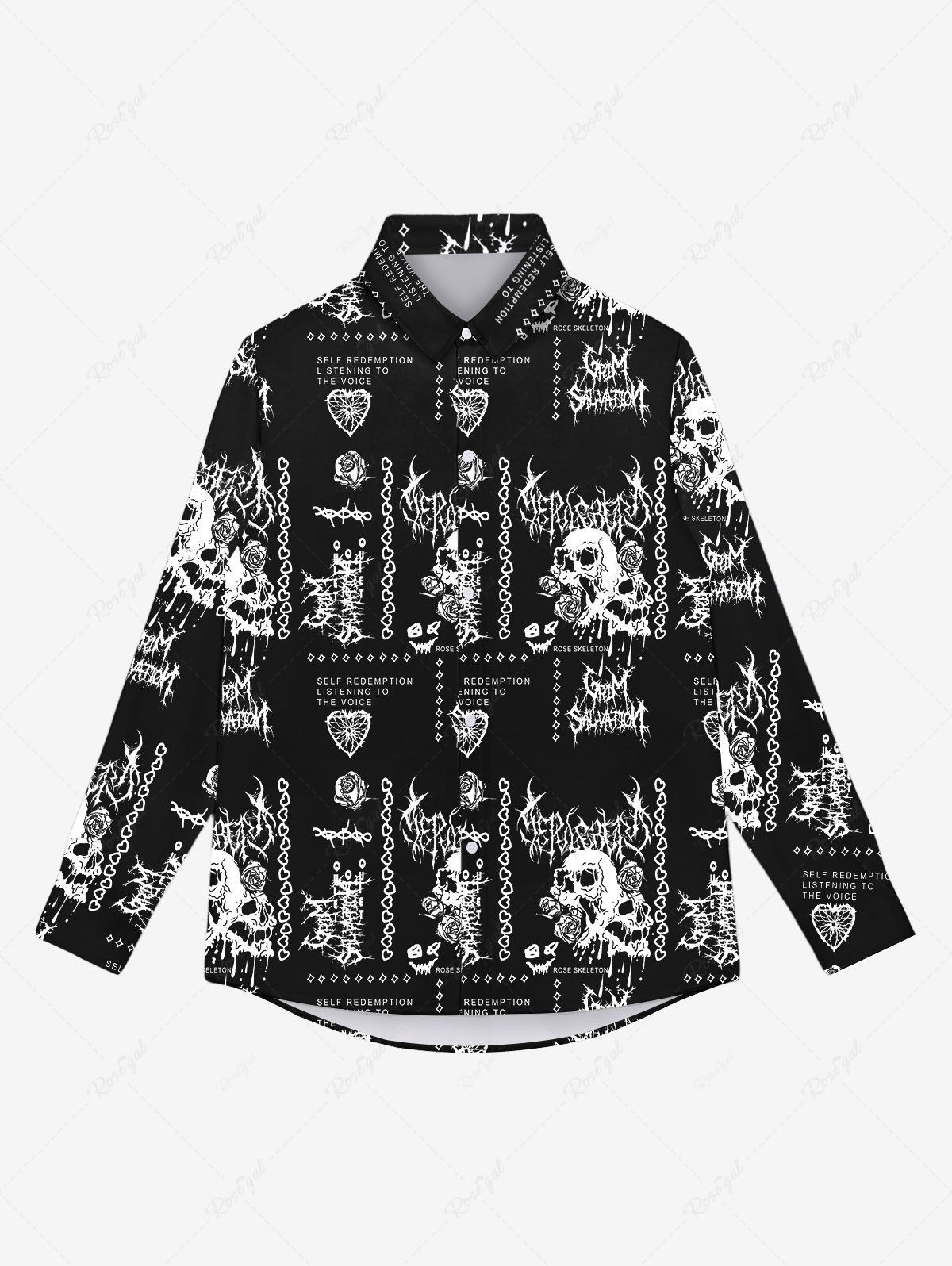 Discount Gothic Heart Skulls Flowers Print Halloween Buttons Shirt For Men  