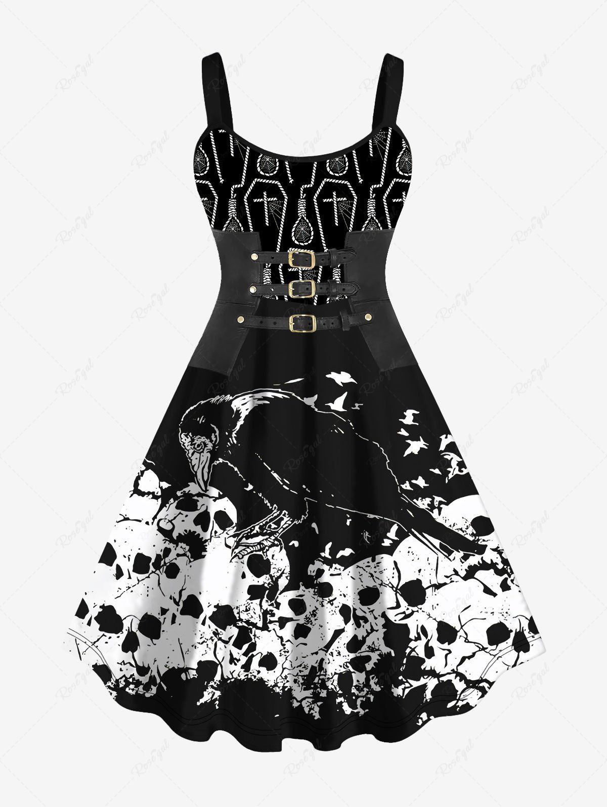 Latest Plus Size 3D PU Panel Buckle Eagle Skulls Cross Print Halloween Tank Dress  