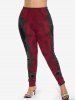 3D Gemstone Lace Trim Plaid Hook and Eye Printed T-shirt and Skinny Leggings Plus Size Matching Set -  