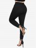 Hooded Fuzzy Trim Cable Knit Cardigan and Hollow Out Lace Trim Pockets Leggings Plus Size Outfit -  