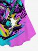 T-shirt Chat et Guitare Imprimé en Blocs de Couleurs de Grande Taille à Manches Courtes - Pourpre  S